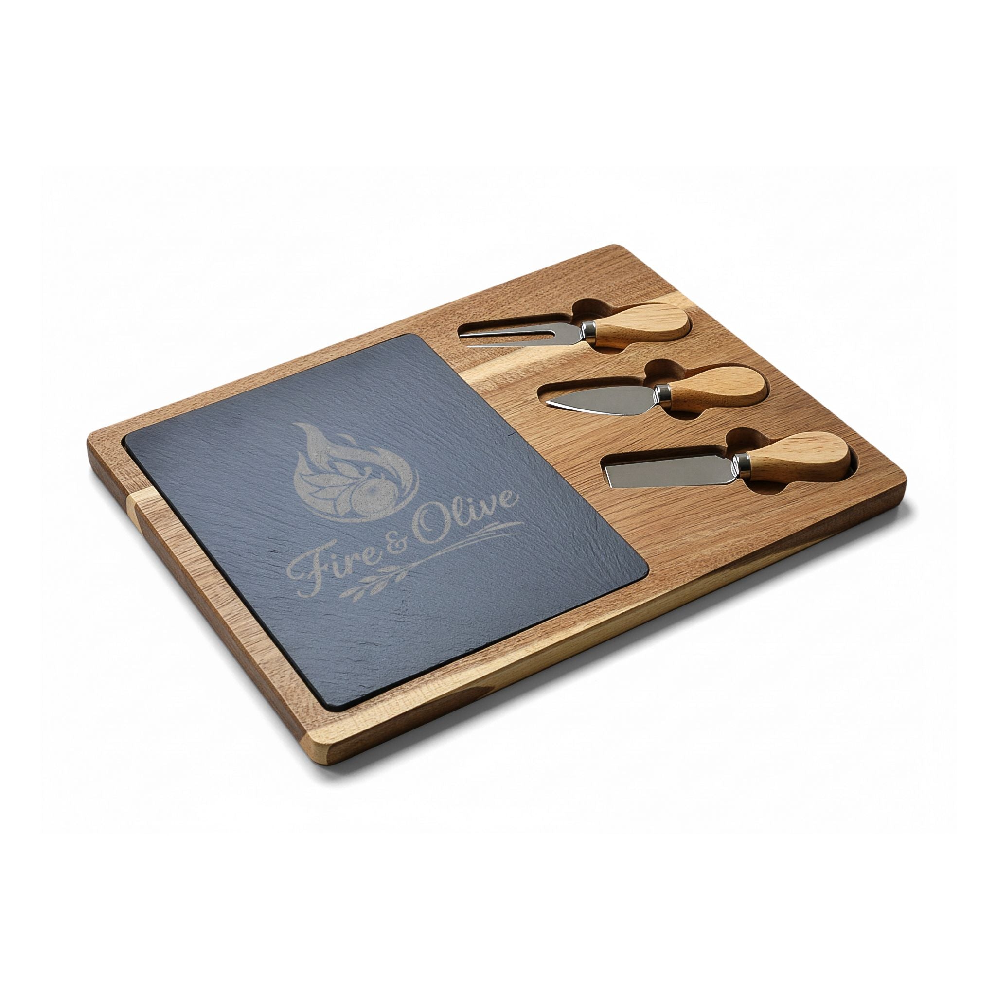 "Fire & Olive" | Engraved Acacia Charcuterie Board with Slate Inlay & Cheese Tools