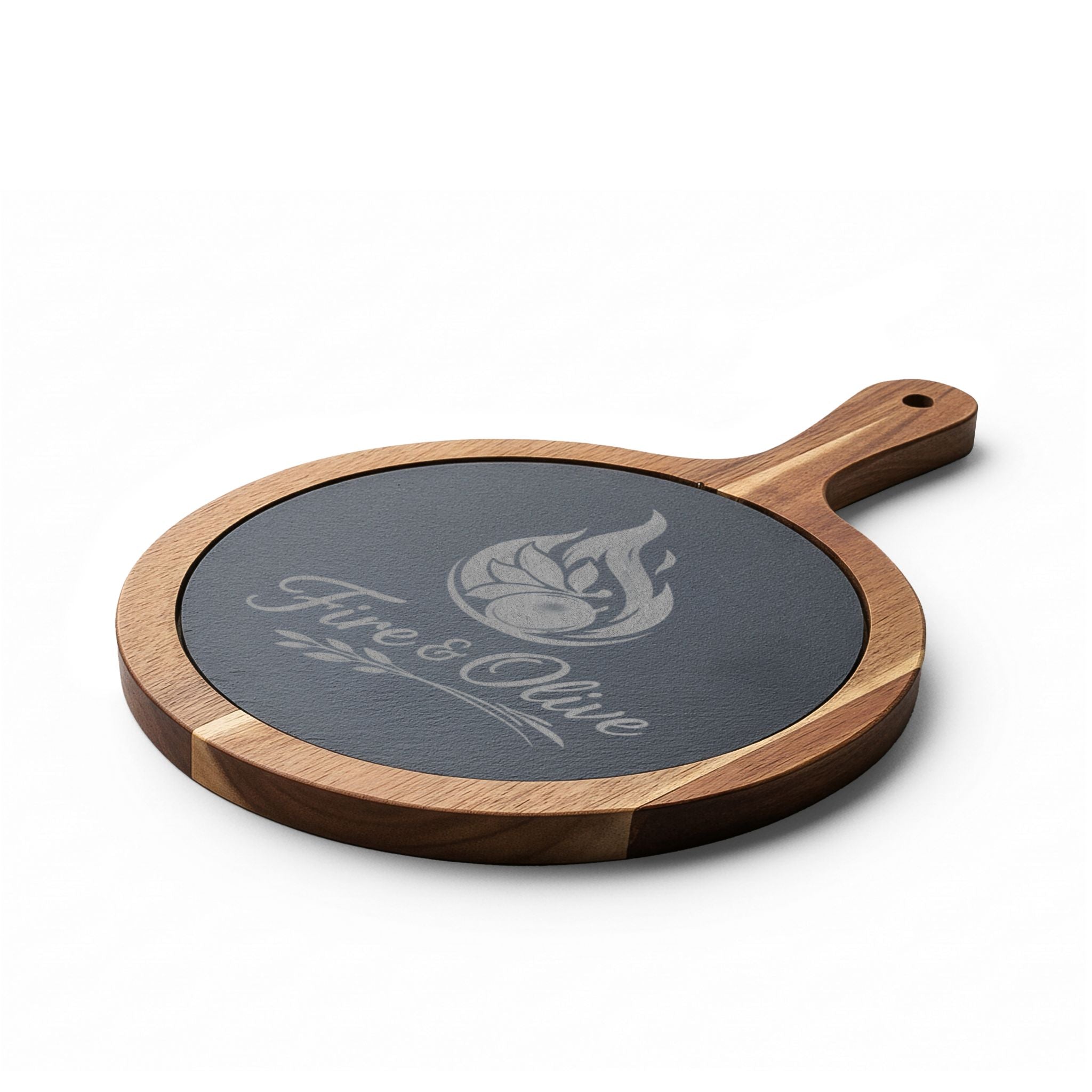 "Fire & Olive" | Engraved Acacia Charcuterie Board with Slate Inlay & Cheese Tools