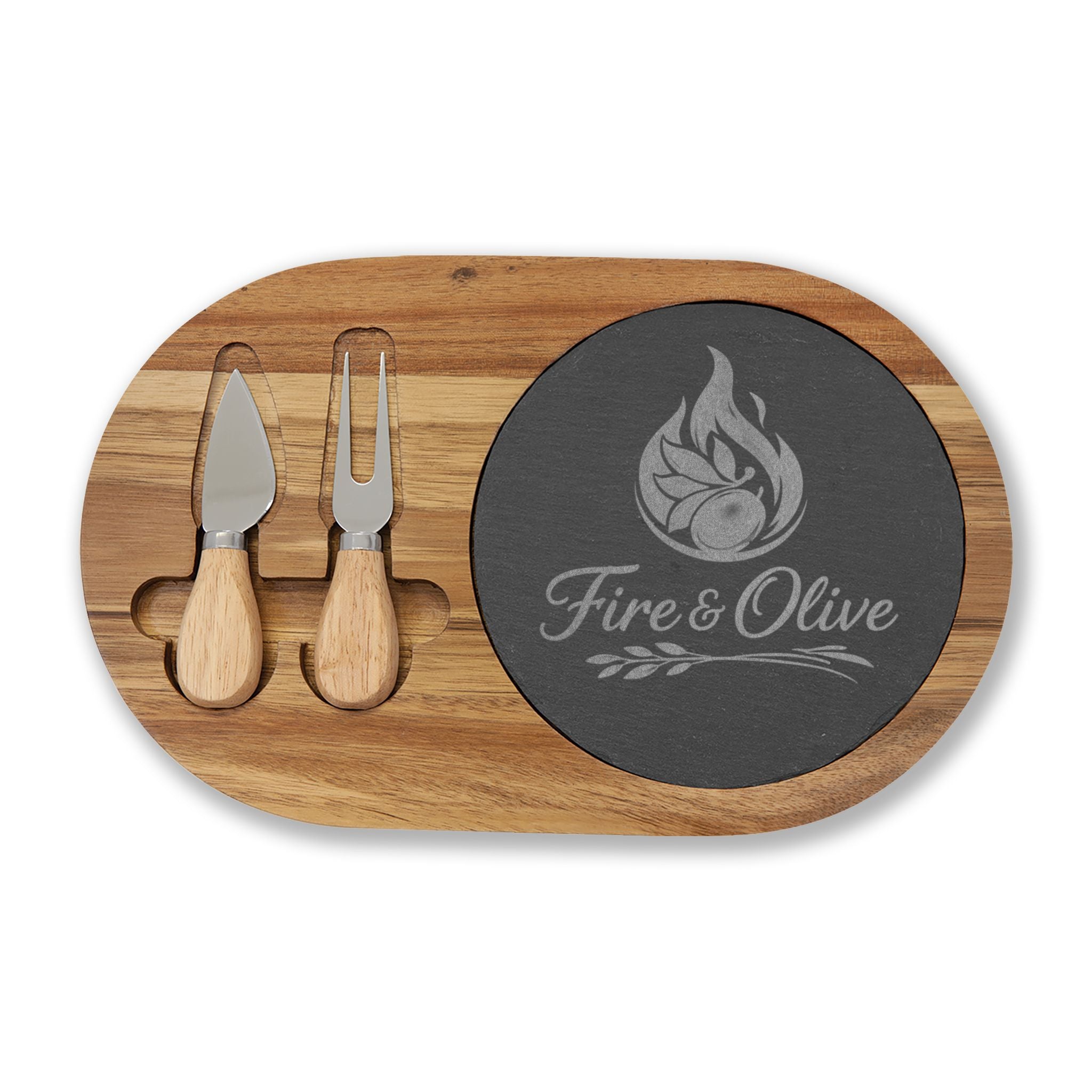 "Fire & Olive" | Engraved Acacia Charcuterie Board with Slate Inlay & Cheese Tools