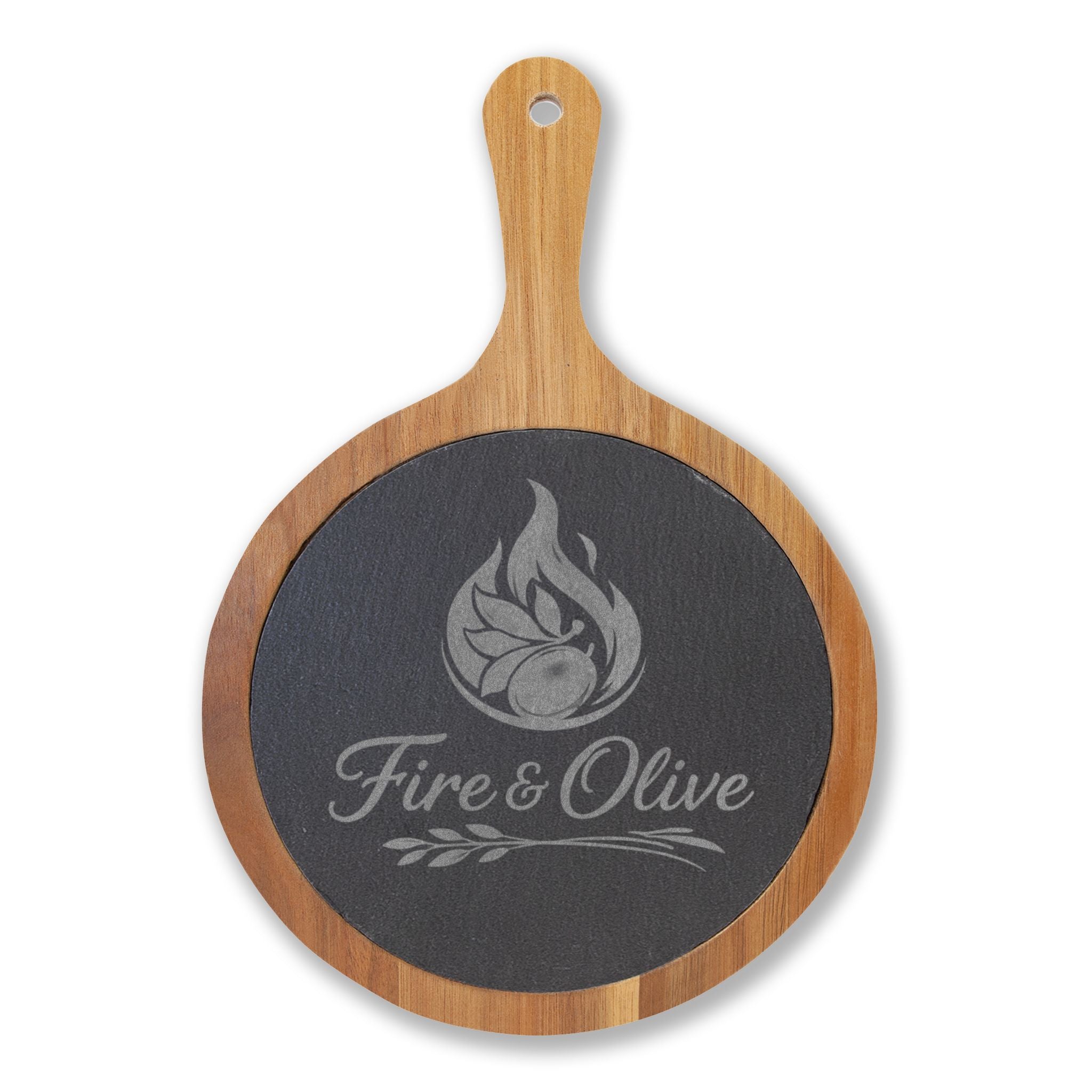 "Fire & Olive" | Engraved Acacia Charcuterie Board with Slate Inlay & Cheese Tools