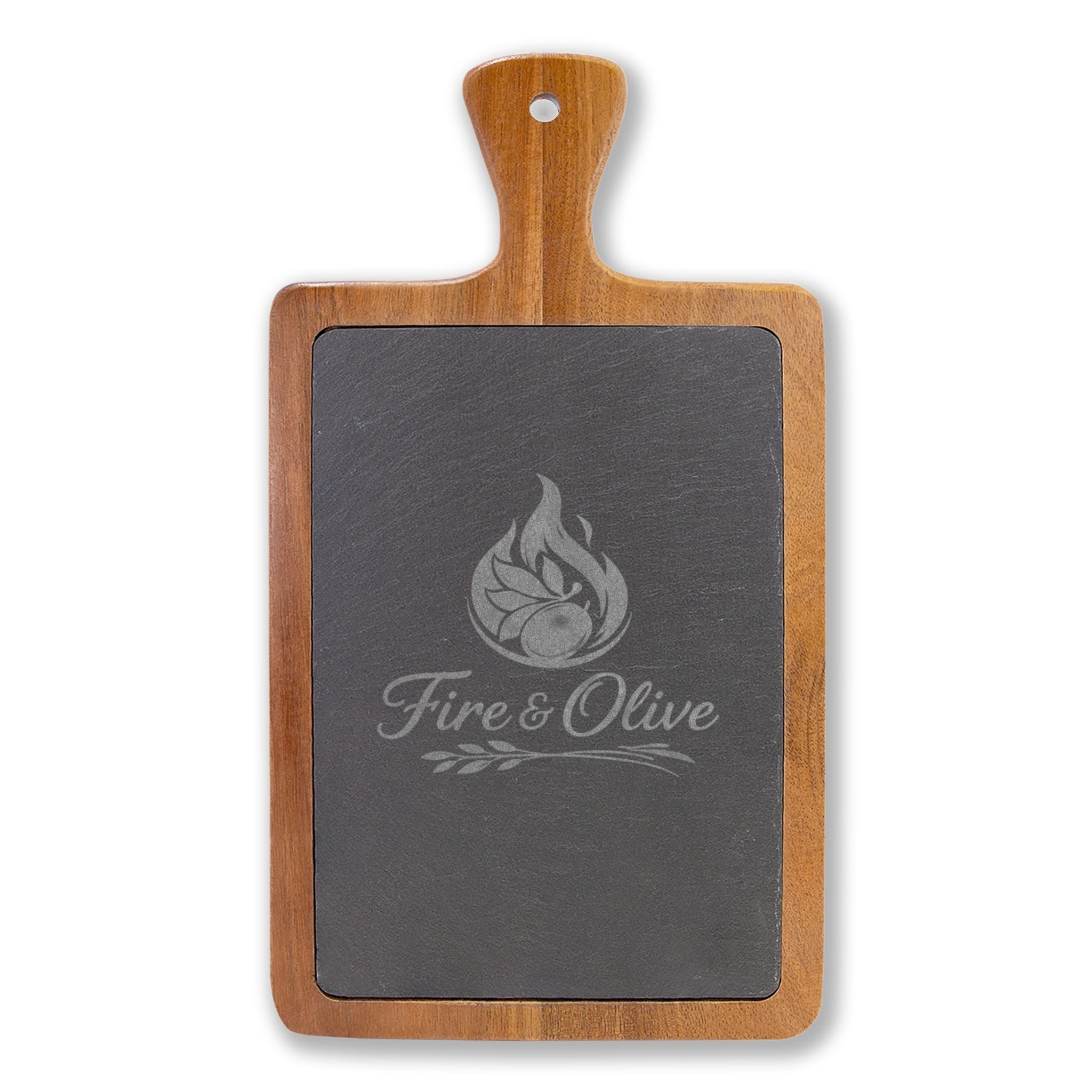 "Fire & Olive" | Engraved Acacia Charcuterie Board with Slate Inlay & Cheese Tools