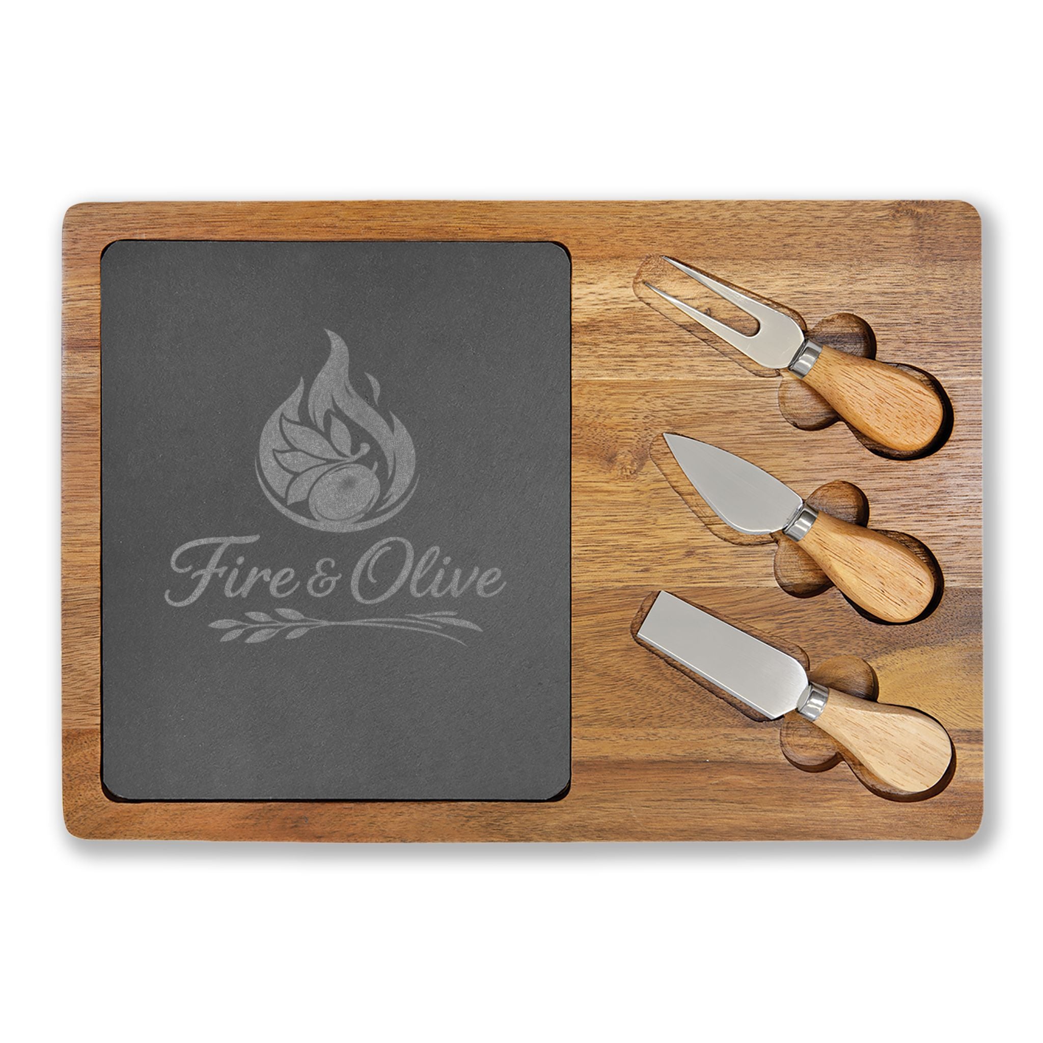 "Fire & Olive" | Engraved Acacia Charcuterie Board with Slate Inlay & Cheese Tools