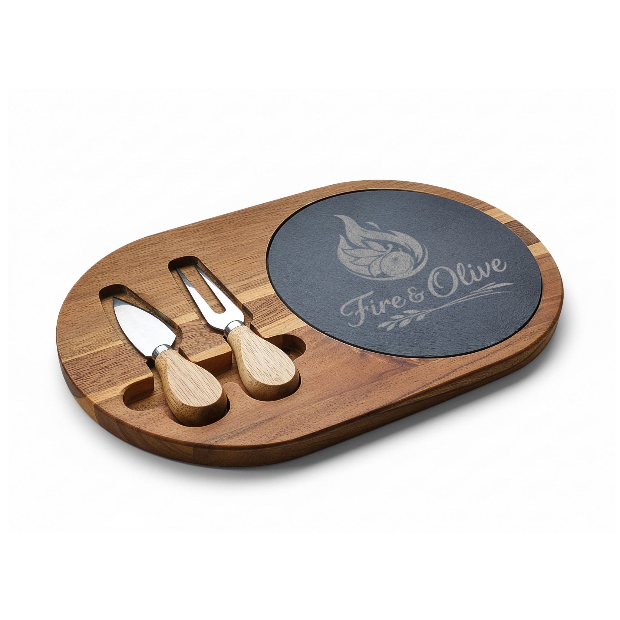 "Fire & Olive" | Engraved Acacia Charcuterie Board with Slate Inlay & Cheese Tools