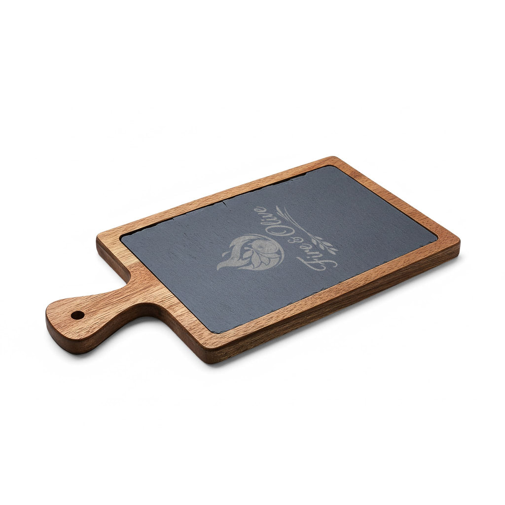 "Fire & Olive" | Engraved Acacia Charcuterie Board with Slate Inlay & Cheese Tools